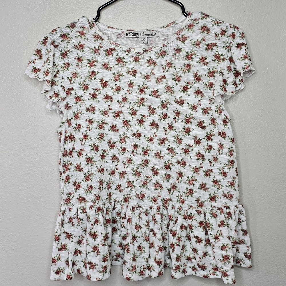 White Floral Print Ruffle Top